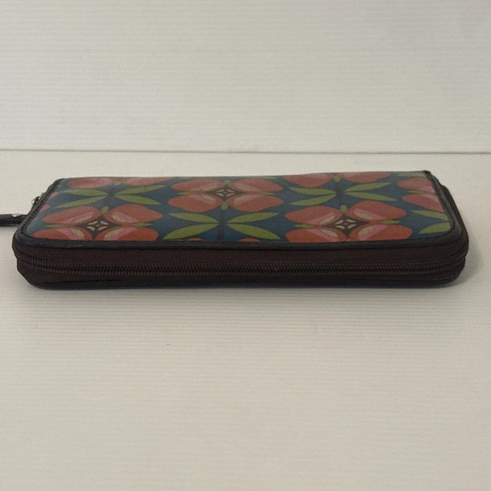 Fossil Key Wallet Brown Floral Coated Leather Zip Around 8x4 Cards Checkbook